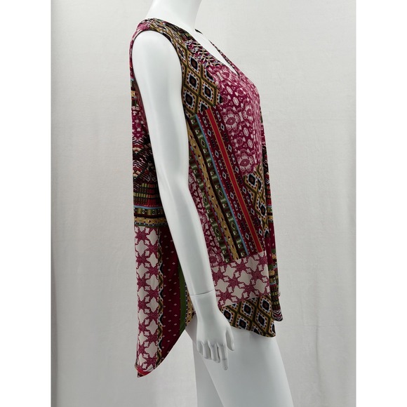 Jones Studio Top Womens 1X Red Boho Patchwork V-Neck Tunic Sleeveless Stretch - Picture 3 of 10